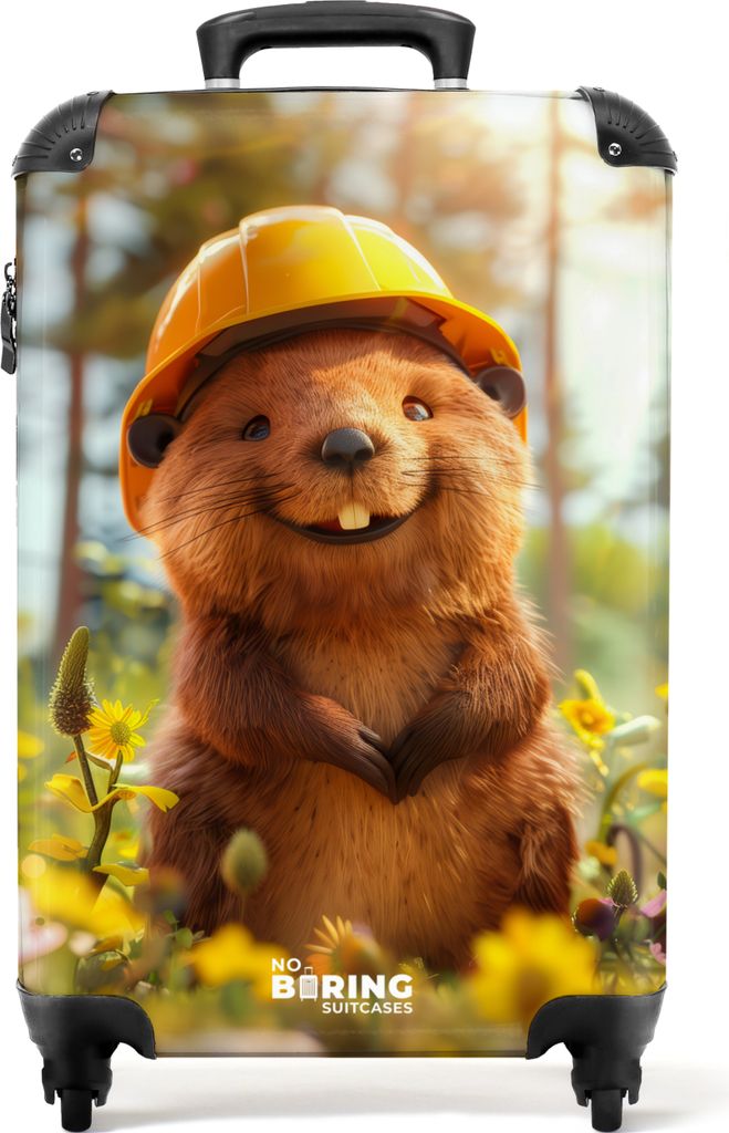 NoBoringSuitcases.com Koffer Handgepäck Trolley Rollkoffer Kleine Reisekoffer mit 4 Rollen - Lächelnder Biber mit Bauhelm in der Natur - Cabin ...