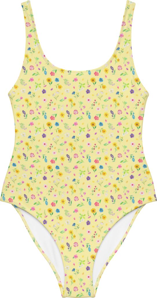 Mr. & Mrs. Panda Badeanzug Bunte Blumenwiese Größe XL - Gelb - Geschenk, Blumenmädchen, Shape-Badeanzug, Flower Power, Bademode, Swimsuit, Damen...