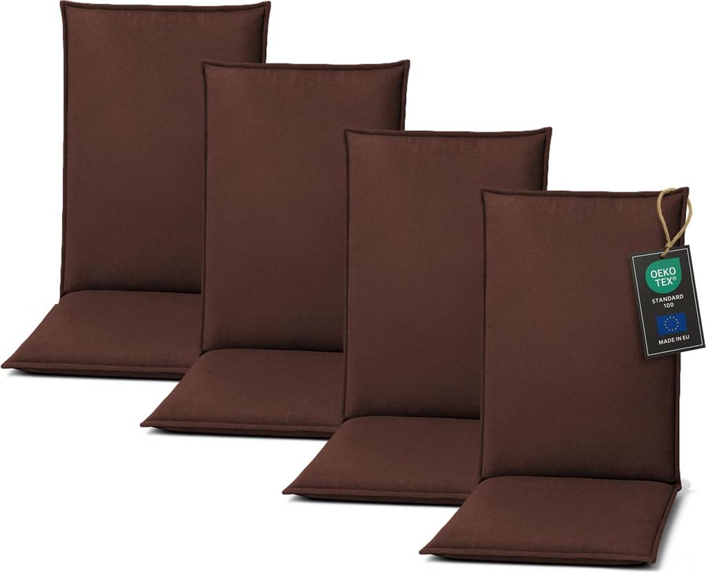 Four brown chair cushions are arranged diagonally on a white background.