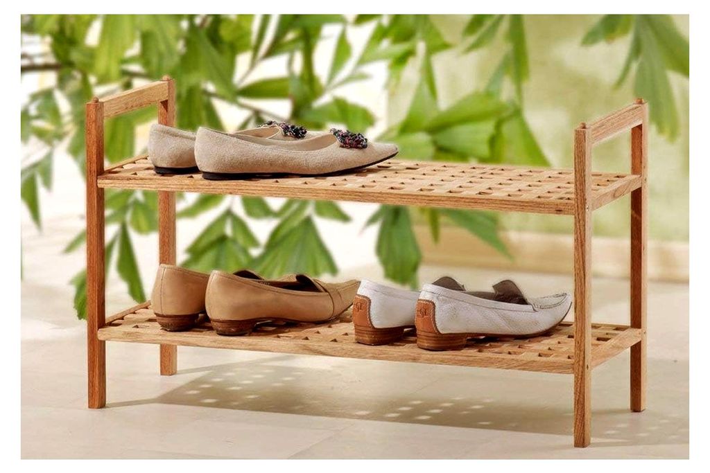 Schuhregal, 2-lagig stapelbar, Gitterdesign aus Walnuss Holz