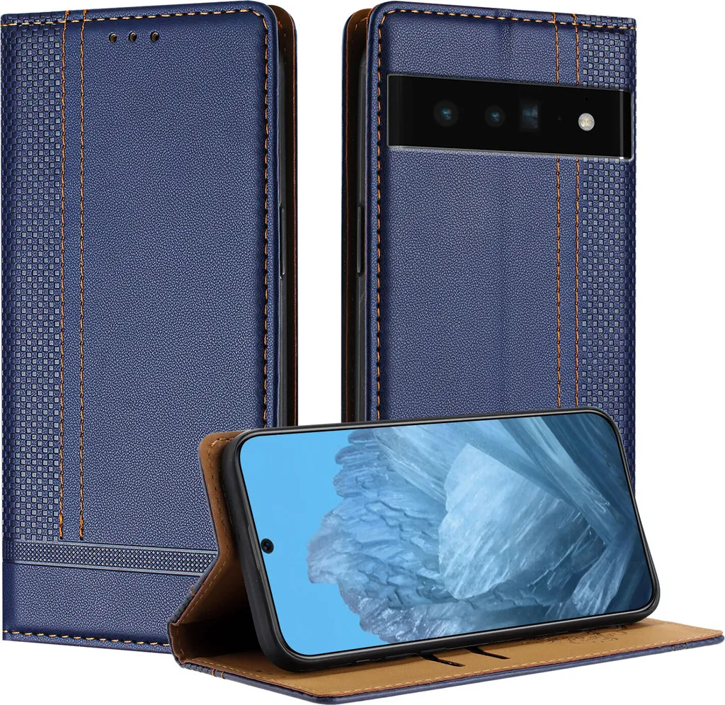 Custodia Google Pixel 6 Pro in Pelle Blu con Supporto e Portafoglio