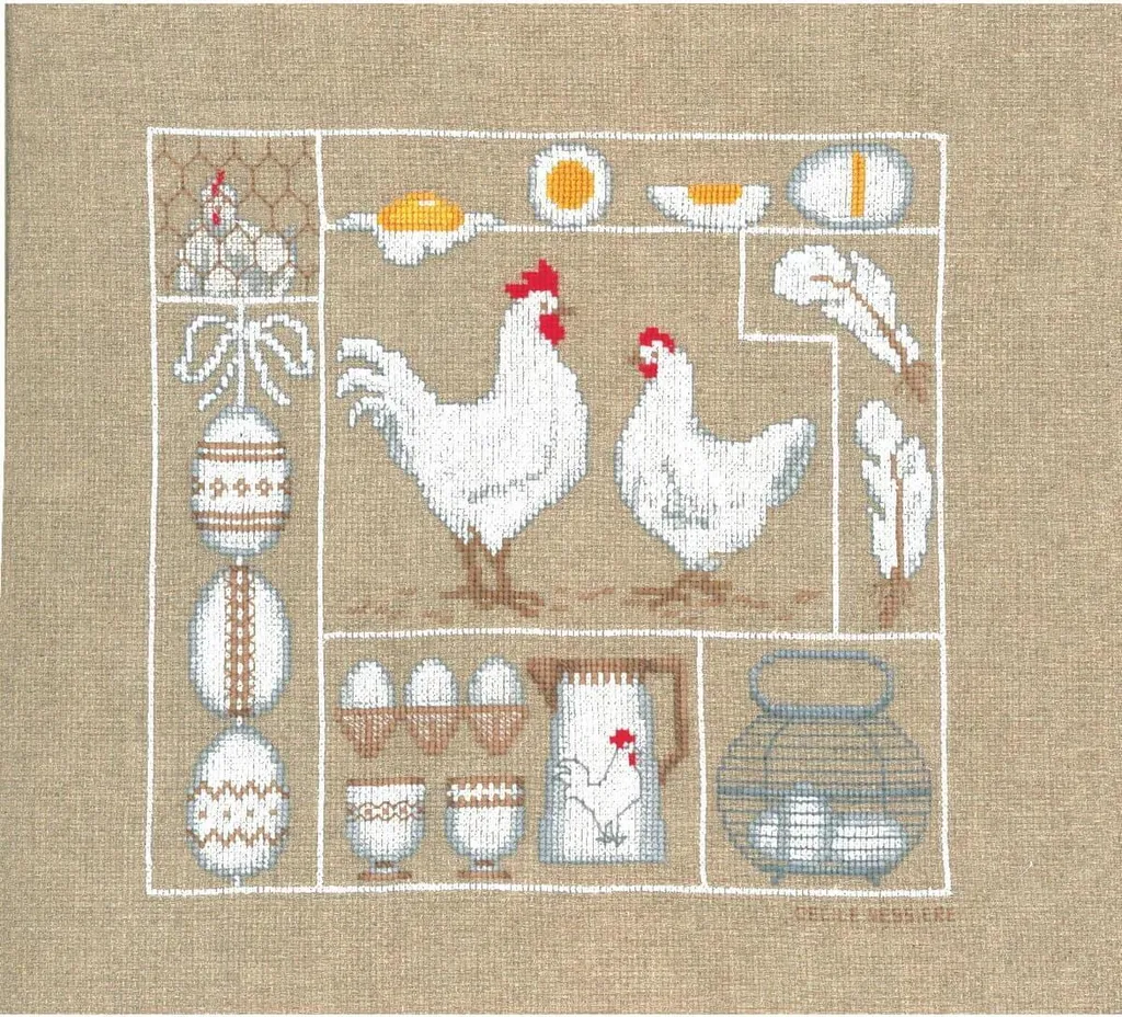 Décoration cuisine DIY avec ce kit point de croix Poules et Œufs 18cm