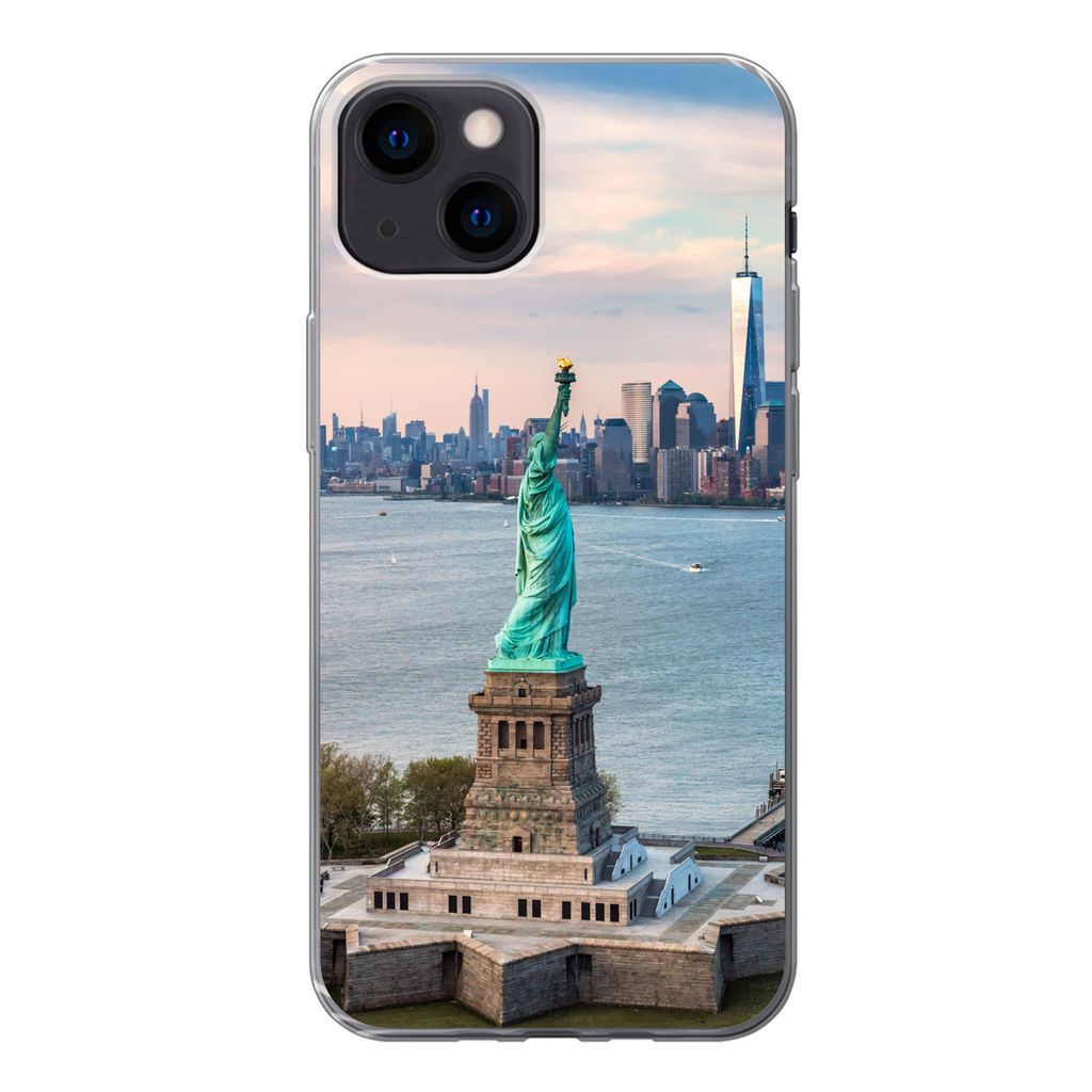 MuchoWow Handyhülle Schutzhülle Hülle für iPhone 13 mini Freiheitsstatue mit der Skyline von New York Silikon Softcase Handy Hülle - Softcase