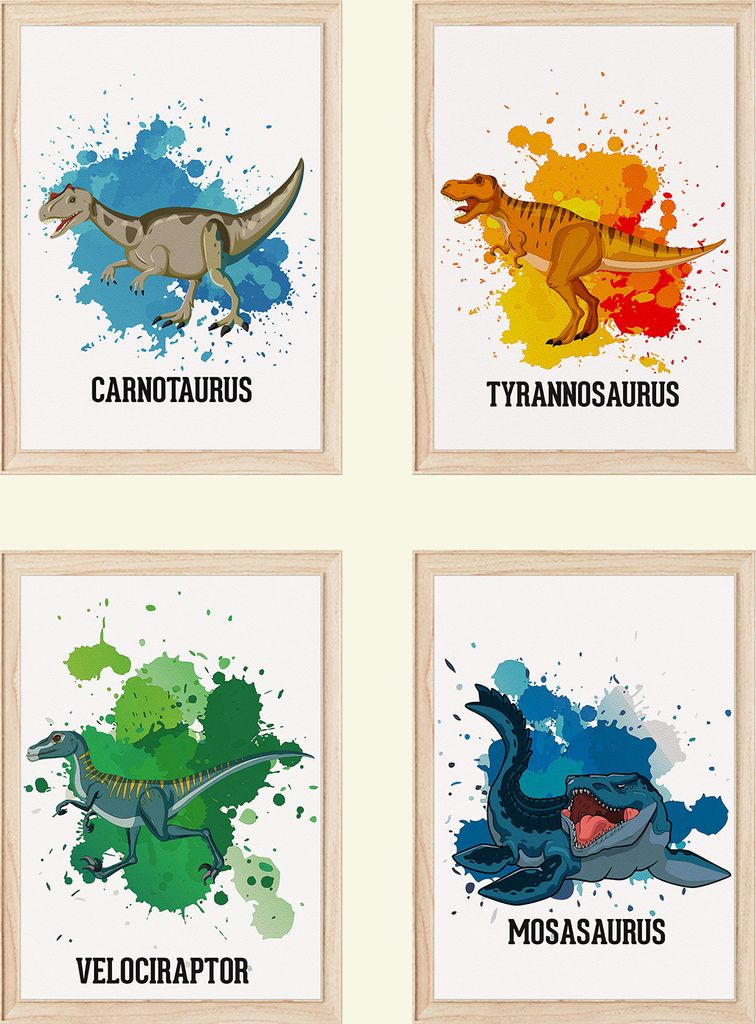 Dinosaurier Carnotaurus Trex Velociraptor Mosasaurus Bilder 4er Set DIN A4 Kinderzimmer Wandbilder Babyzimmer Poster Dekoration