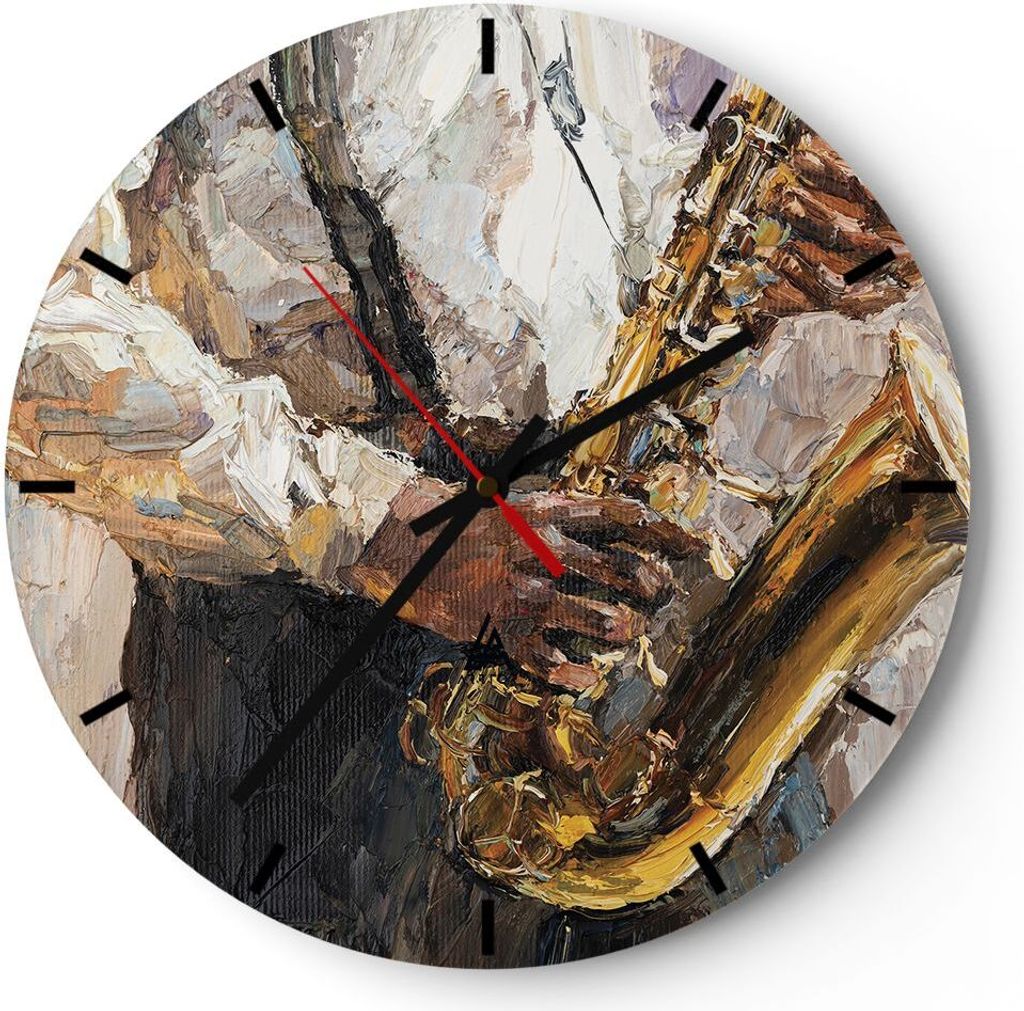 Wanduhr - Rund - Glasuhr - Saxophon Öl Musiker - 40x40cm - Schleichendes Uhrwerk - Lautlos - zum Aufhängen bereit - Dekoration Modern - Wanddekor...