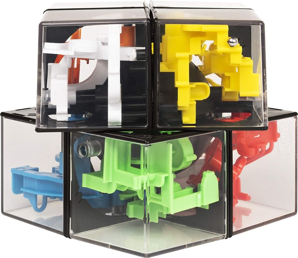 A 3D maze puzzle cube with multiple colored sections.