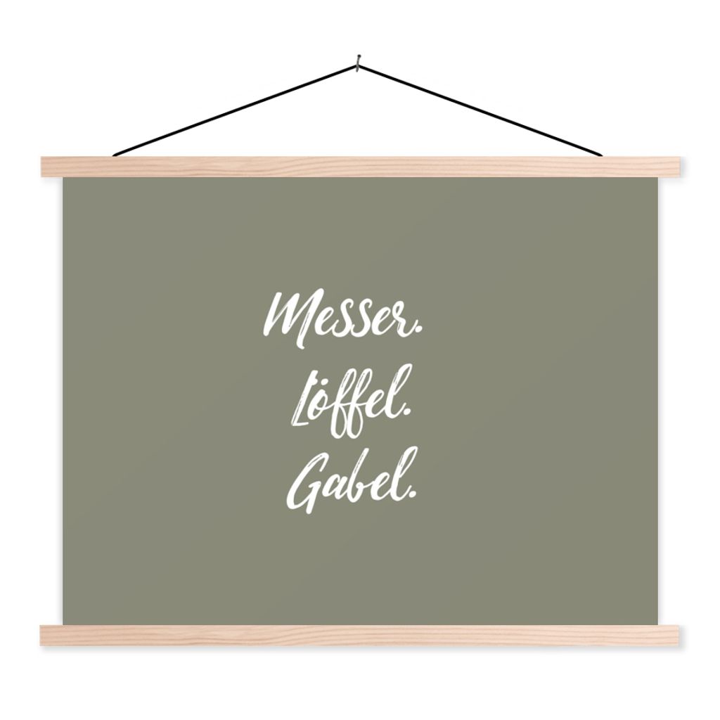 MuchoWow Textilposter Besteck - Messer. Löffel. Gabel. - Sprichwörter - Zitate 60x45 cm mit holzfarbenen Rahmen - Bild