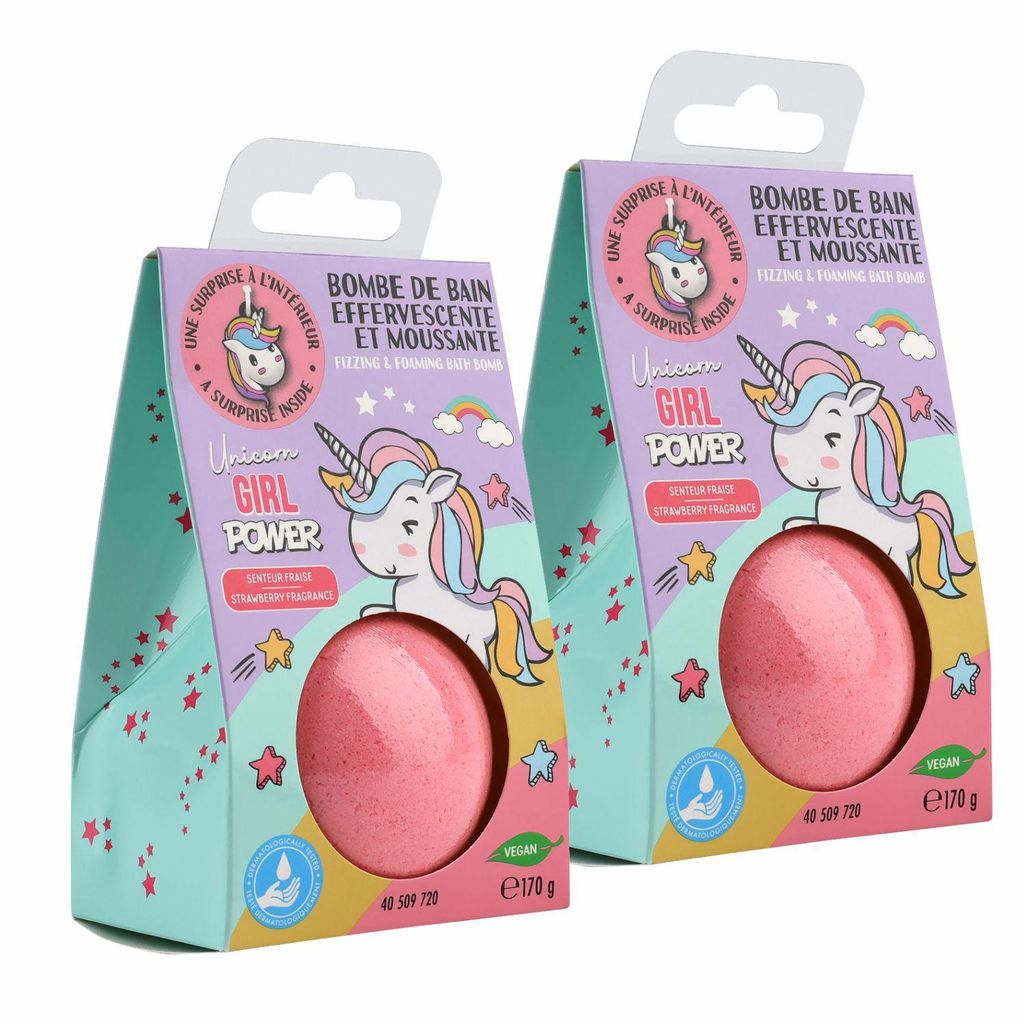 2x Home-Flair Einhorn Badebombe - große Badekugel - Rosa 170g Schaum-Effekt - VEGAN - mit Überraschungsanhänger