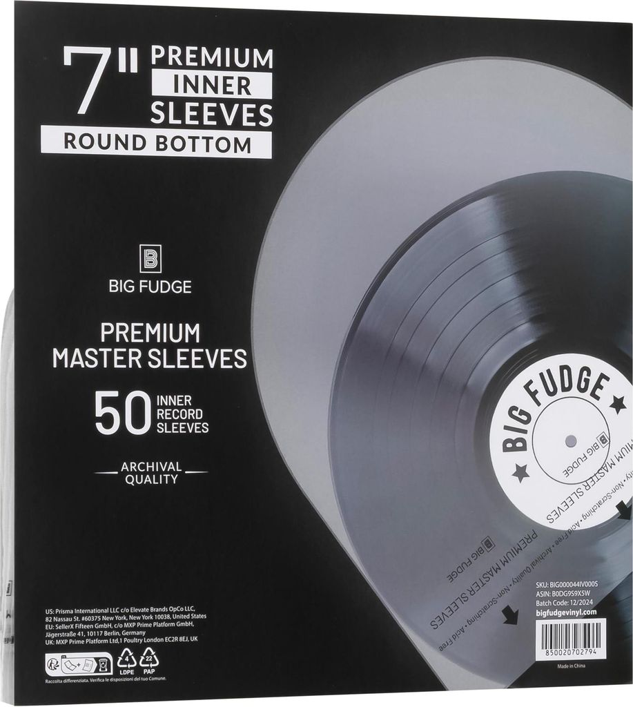 Big Fudge 50er Pack 7 Zoll Schallplatten Innen Hüllen - 50x 7" Schallplatten LP Aufbewahrung Schutzhüllen - 50er Set Rundboden Vinyl Inner Sleeves -