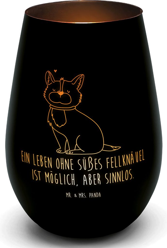 Mr. & Mrs. Panda Kerzenhalter Hund Glück - Schwarz - Geschenk, Spruch, Liebe, Teelichthalter Glas, Windlicht Gold, Laterne, Treu, Freundschaft, Sp...