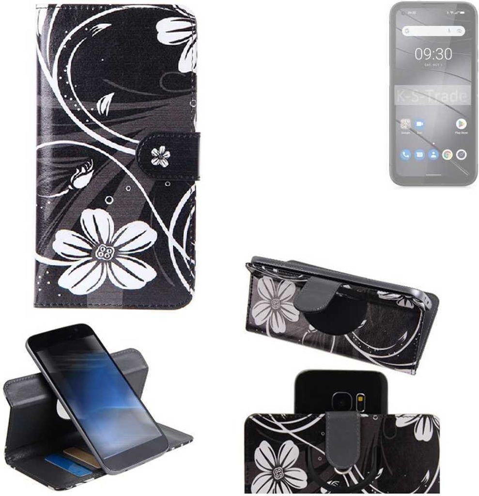 K-S-Trade Schutzhülle Handyhülle kompatibel mit Gigaset GX6 Pro Hülle 360° Wallet Case “Flowers“ Klapphülle Hülle schwarz-weiß 1x
