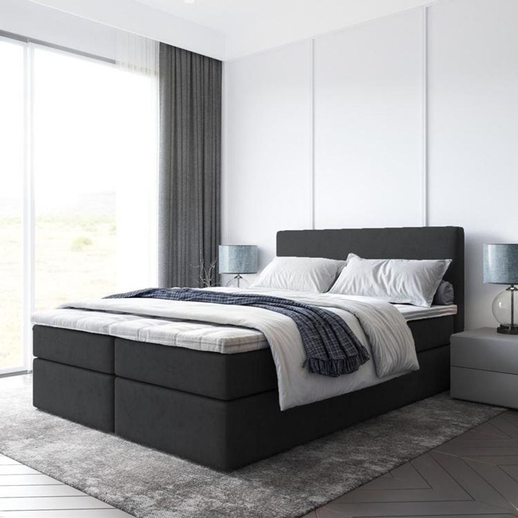 Bett Boxspringbett TOP, mit Topper T25 und Bettkästen - Doppelbett, Stauraum, Schlafzimmer, Polsterbett, Bettgestell (180x200 ,Schwarz - ITAKA 15)