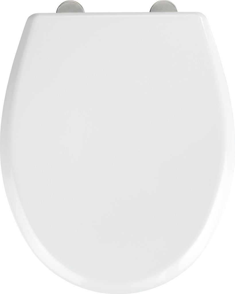A top-down view of a white toilet seat.