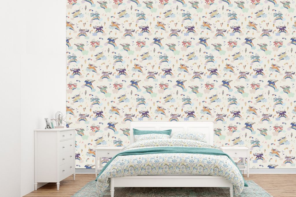 MuchoWow Fototapete für Wohnzimmer oder Schlafzimmer Wandtapete Vinyl Motivtapete Einhorn - Regenbogen - Muster - 360x260 cm - Wohnzimmer tapete