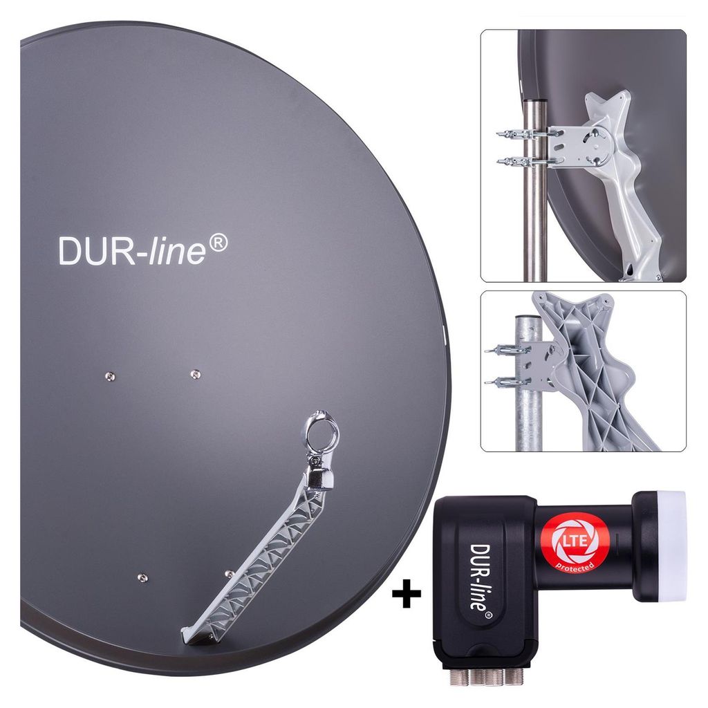 A collage of images showing a satellite dish, its mounting hardware, and a satellite receiver.