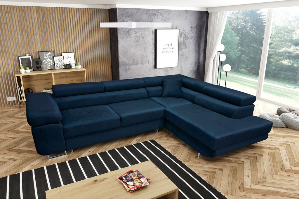 MYSEN Ecksofa Lugo mit Schlaffunktion L-Form Rechts, Sofa mit Bettkasten, Wohnzimmersofa, Couch, Soffa, Bettsofa, Couchgarnitur, 277x203 cm, Blau