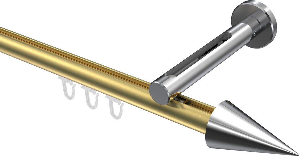 Interdeco Innenlaufstange / Gardinenstange mit Innenlauf Messing-Optik / Chrom, Typ Siteno Savio (Kegel), 20 mm Ø 1-läufig, 160 cm