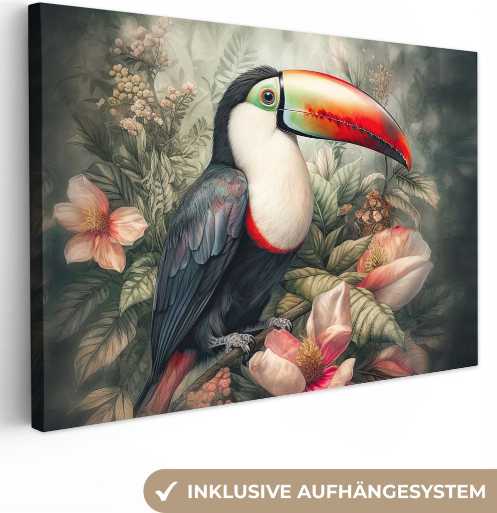 OneMillionCanvasses - Leinwandbilder - 140x90 cm, Tukan - Vögel - Blumen - Pflanzen - Tropisch, Wandbilder Kunstdruck Wanddekoration - Foto auf ...