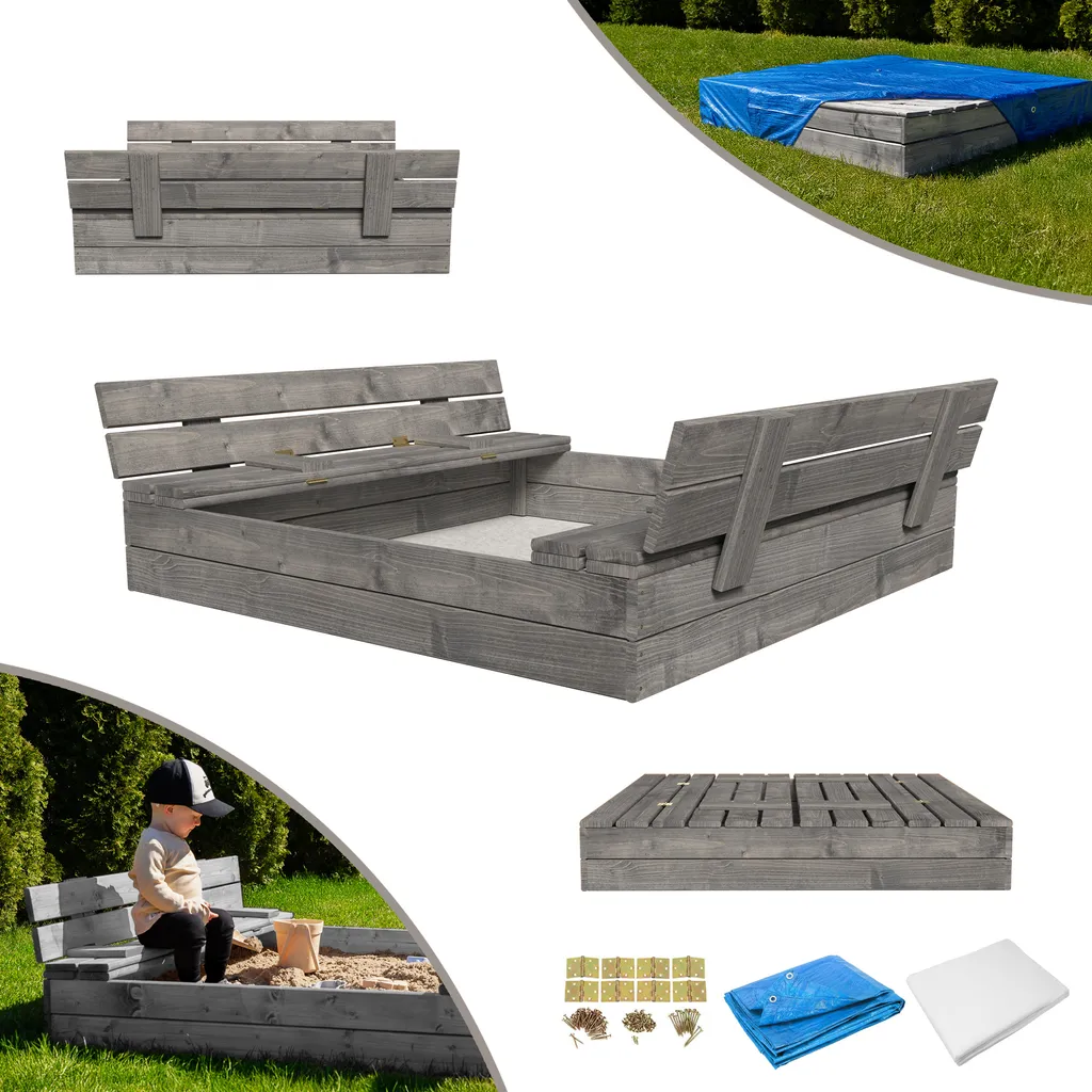 Bac à sable bois 120x120 anti-pluie et animaux avec bancs intégrés