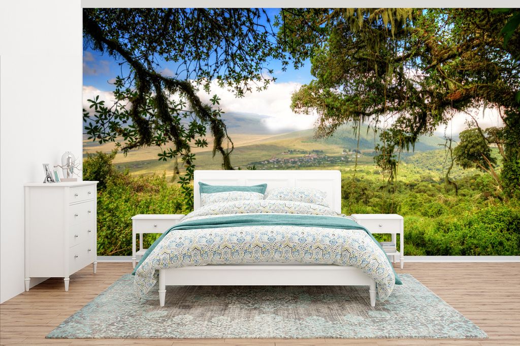 MuchoWow Fototapete für Wohnzimmer oder Schlafzimmer Wandtapete Vinyl Motivtapete Blick über das Olmoti-Tal im Ngorongoro-Krater - 395x220 cm -...