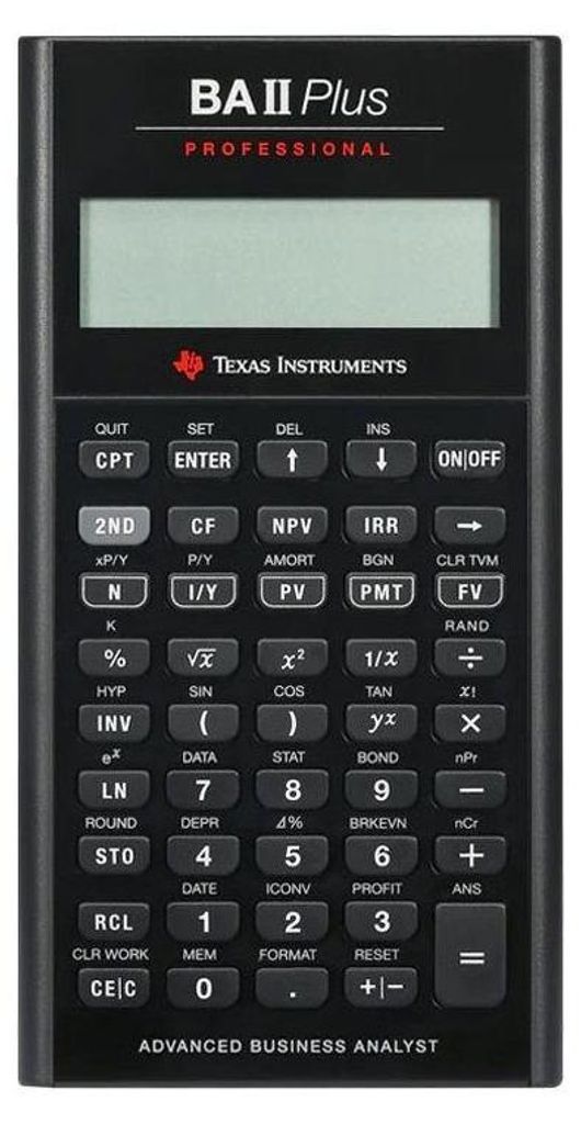 A Texas Instruments BA II Plus Professional calculator is shown from the front.