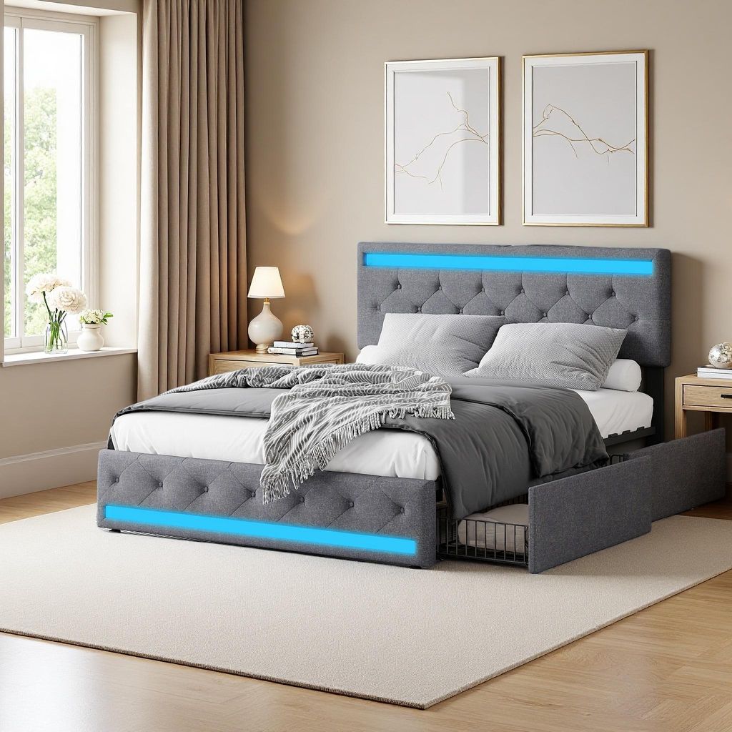 INONEFT 140x200cm Doppelbett mit 4 Metallschubladen, RGB-LED & USB-Ladestation, dunkelgraues Leinen-Bettgestell mit Kopfteil, Matratze nicht enthalten