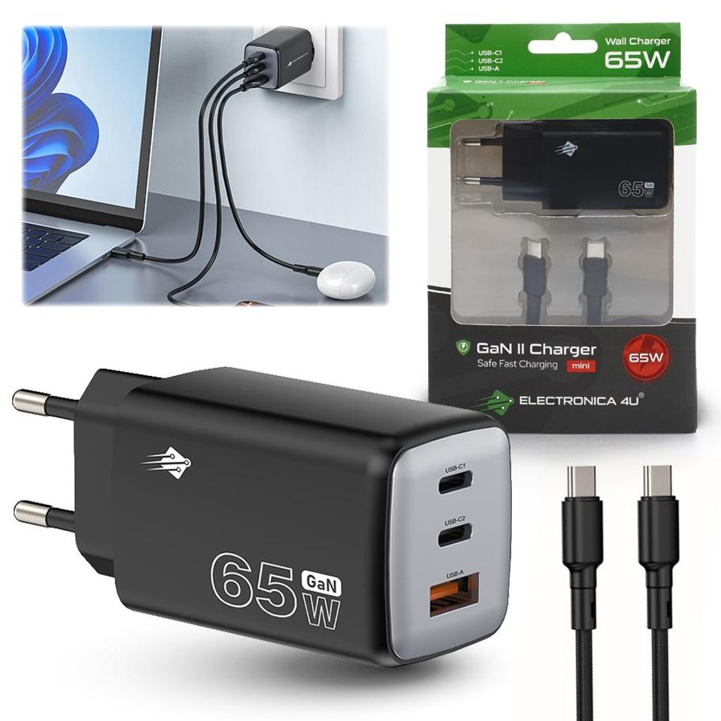 A collage of images showing a black 65W GaN II USB-C wall charger with two USB-C ports and one USB-A port, along with two USB-C cables. One image shows the charger plugged into a wall outlet and connected to a laptop and a small white device. Another image