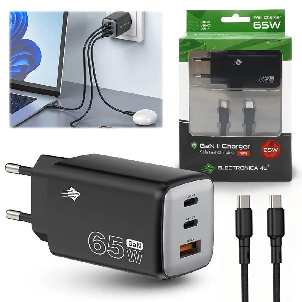 Caricatore Auto 65W GaN II PD3.0 QC3.0 Rapido con Cavo USB-C