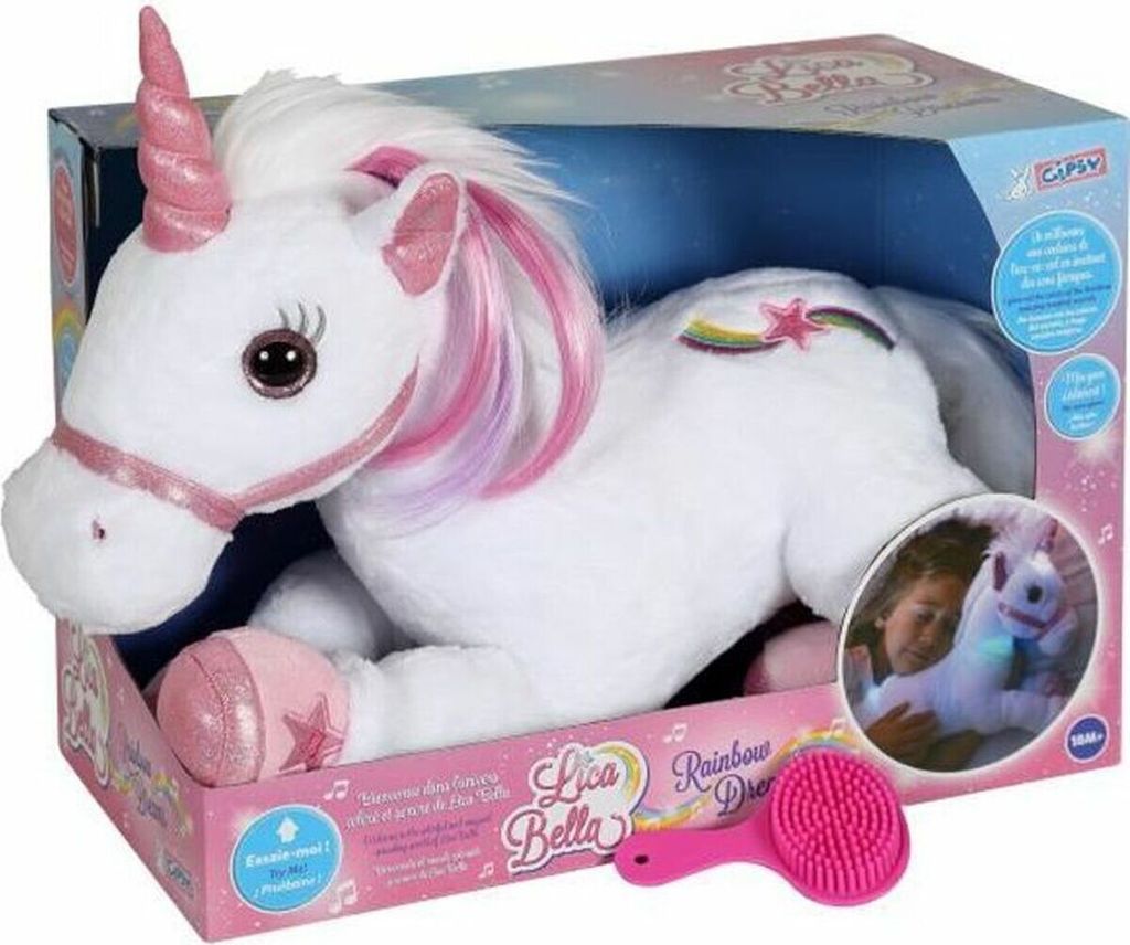 A plush unicorn toy in its packaging, with a brush and a picture of a child holding a similar toy.
