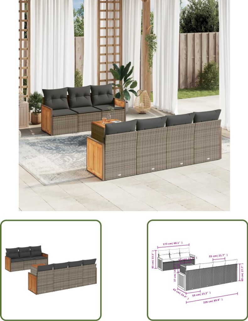 The Living Store 8-tlg. Garten-Sofagarnitur mit Kissen Grau Poly Rattan