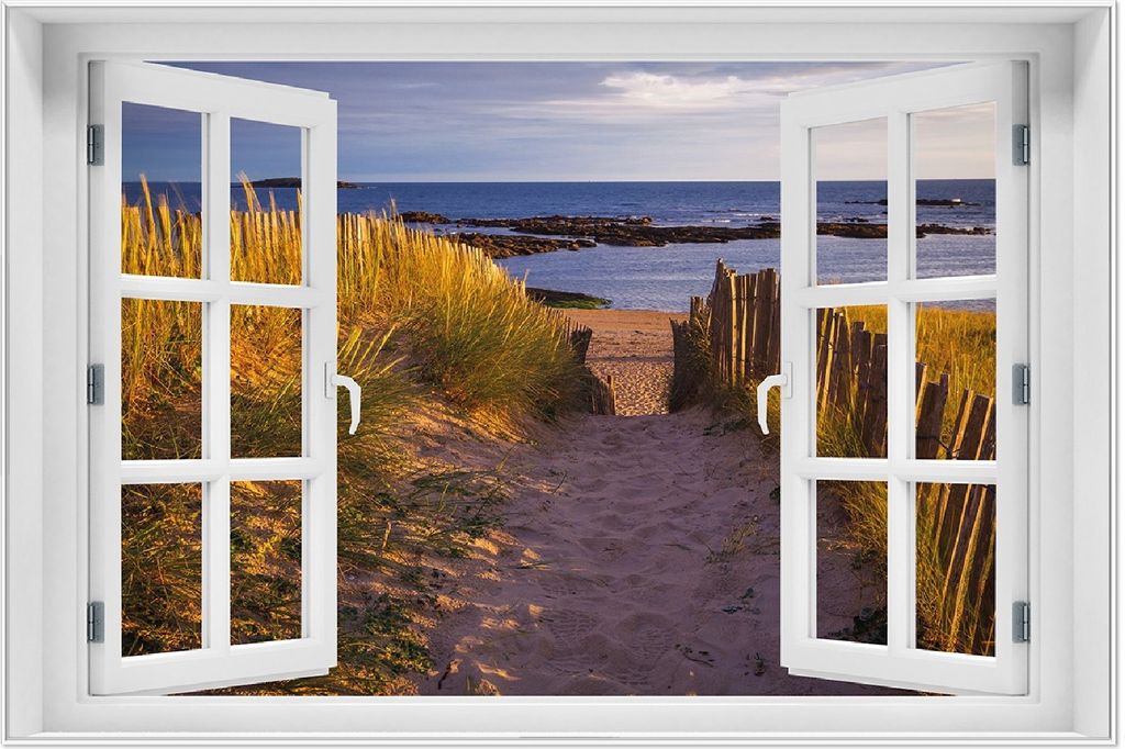 Wallario Wandbild mit Fenster-Illusion: Weg durch die Dünen zum Meer an der Küste, Größe: 61 x 91,5 cm, Poster mit weißem Aluminiumrahmen