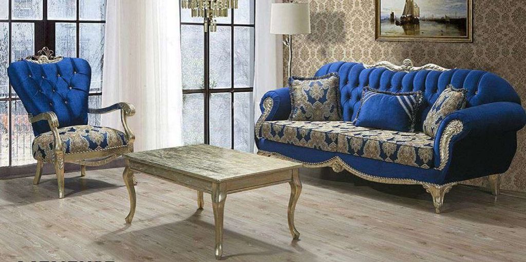 Casa Padrino Luxus Barock Wohnzimmer Set Blau / Gold - 2 Sofas mit Muster & 2 Sessel mit Muster & 1 Couchtisch - Prunkvolle Barock Wohnzimmer Möbel