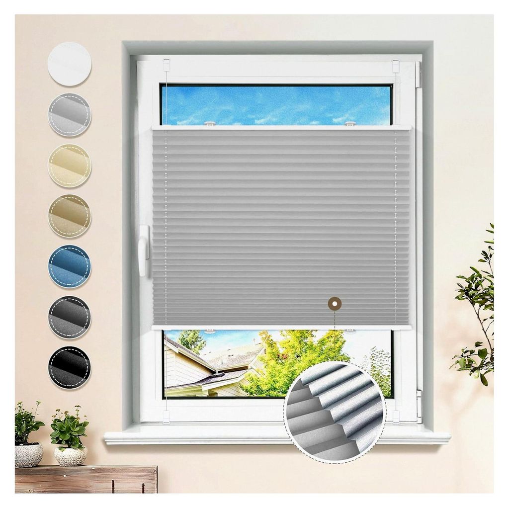 Plissee ohne Bohren Verdunkelung Klemmfix Hellgrau 85x120cm Thermo Plissees 100% Verdunklung Rollos für Fenster und Tür