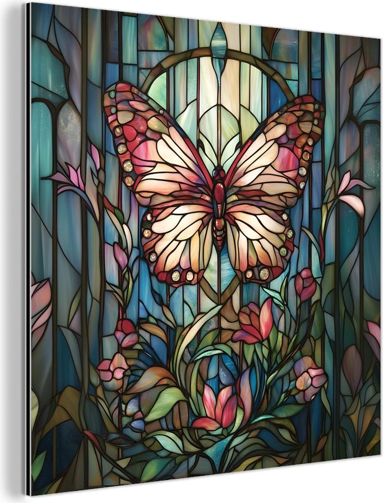 MuchoWow Wanddekoration Metall Metallbild Wandkunst 50x50 cm Schmetterling - Rosa - Blumen - Blätter MuchoWow Aluminium Gemälde - Alubild - Indus...