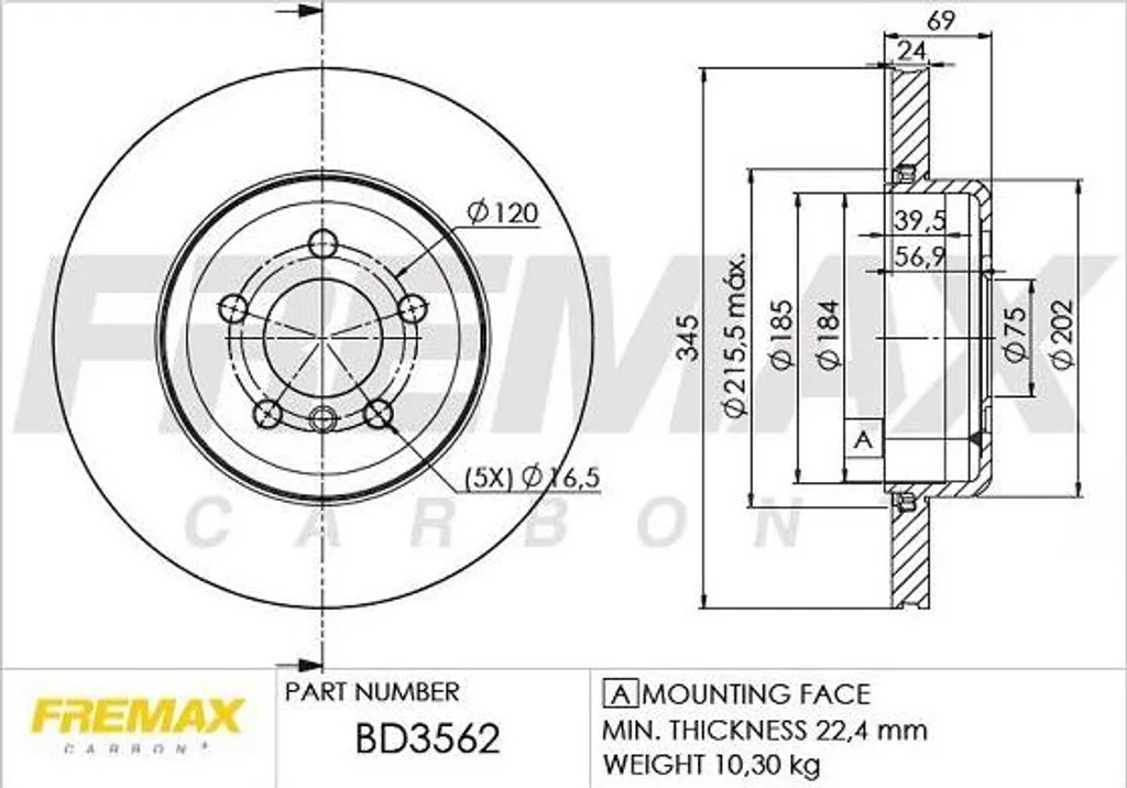 Disque de Frein Ventilé FREMAX BD-3562 Carbone pour BMW Série 5 6 7