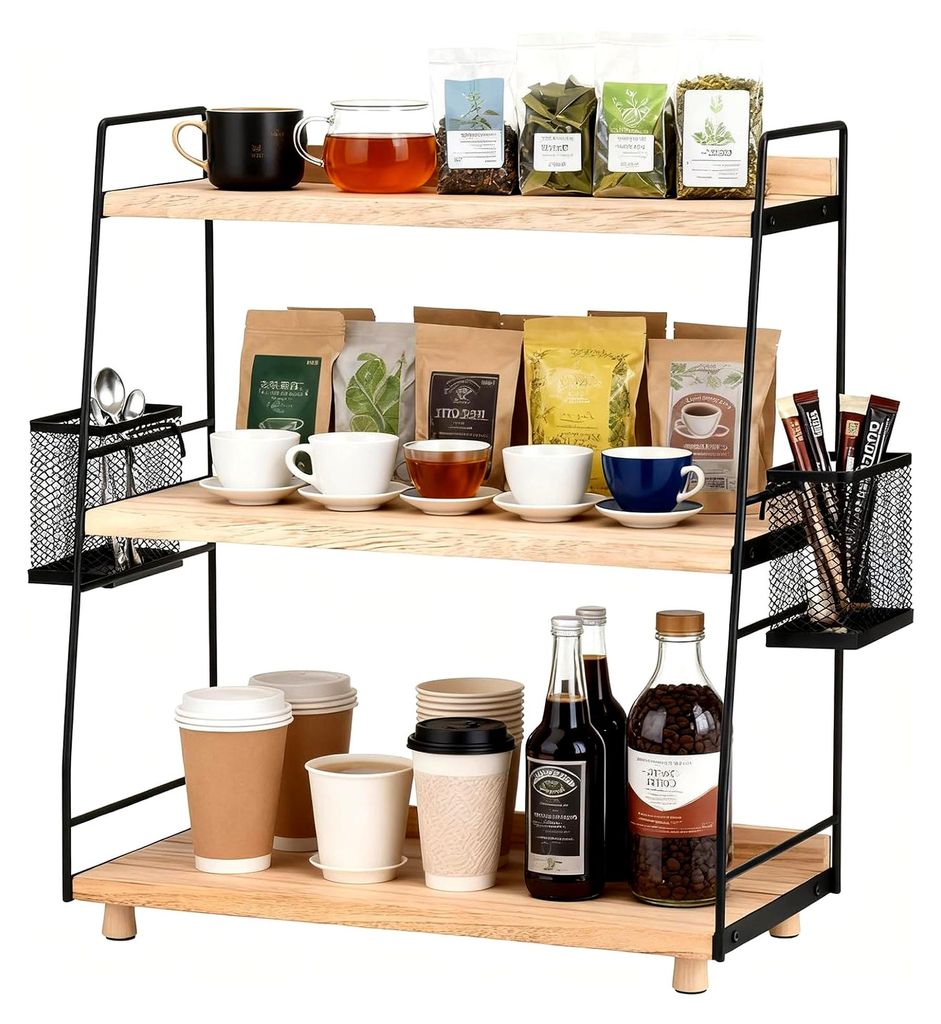 Kaffee- und Tee-Organizer, 3-stufiger Holz-Organizer mit Körben, Gewürzregal für die Arbeitsplatte in der Küche, Kaffeeständer für Kaffeestat...