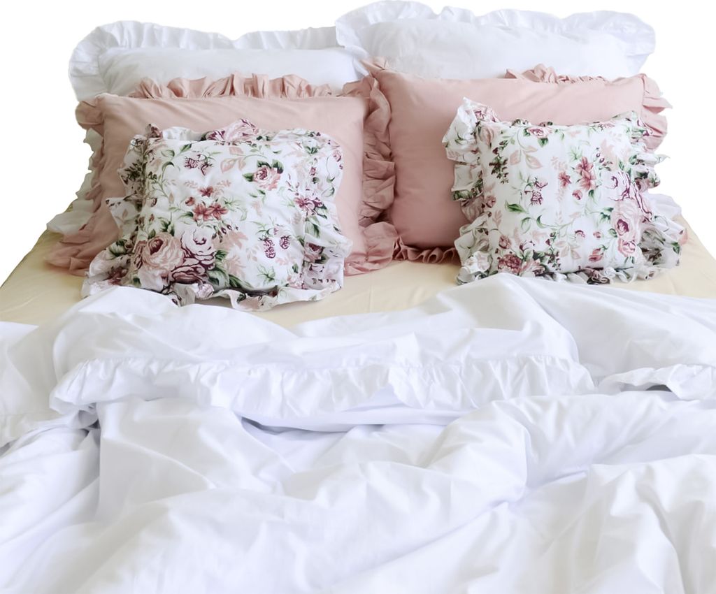 Baumwolle Bettwäsche Mit Rüschen Set Schlafzimmer Bettdeckenbezug 160X200 Cm + 6 Kissenbezüge Weiß Schmutziges Rosa Blumen