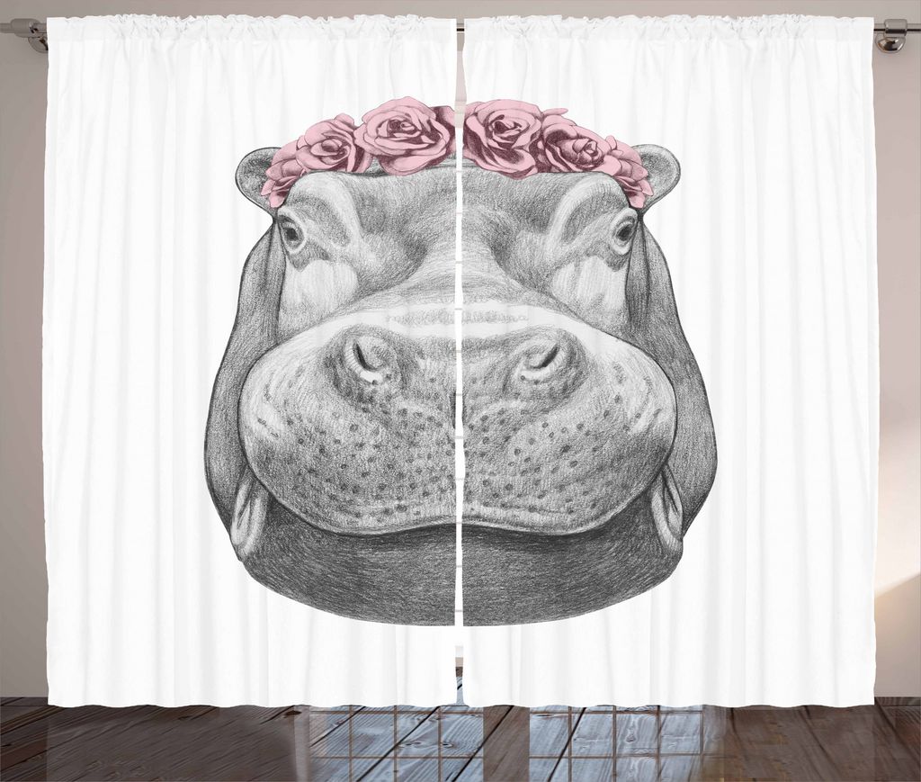 ABAKUHAUS Nilpferd Rustikaler Vorhang, Skizze Tier Porträt, Wohnzimmer Universalband Gardinen mit Schlaufen und Haken, 280 x 175 cm, Hellrosa Blas...