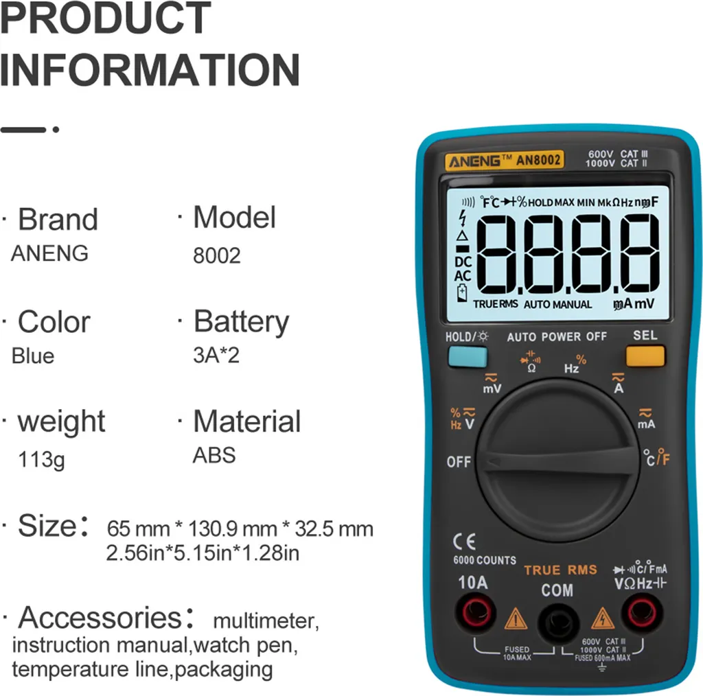 Multimètre Numérique True RMS 6000 Counts avec Testeur de Diode et AC/DC