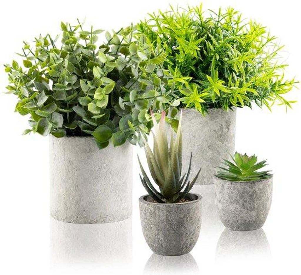 Mini kunstmatige Eucalyptus- en Rozemarijnplanten, 4 stuks, kleine kunstmatige planten voor woonkamer, kantoor, slaapkamer, badkamer en keuken