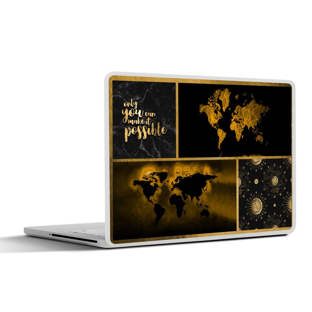 MuchoWow Laptop Aufkleber Sticker Cover Weltkarte - Collage - Luxus - Gold 31x22.5 cm - Laptop-Deko