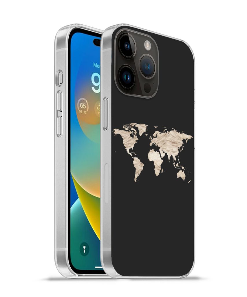MuchoWow Handyhülle Schutzhülle Hülle für Apple iPhone 14 Pro Max Weltkarte - Heu - Braun Silikon Softcase Handy Hülle - Hardcover