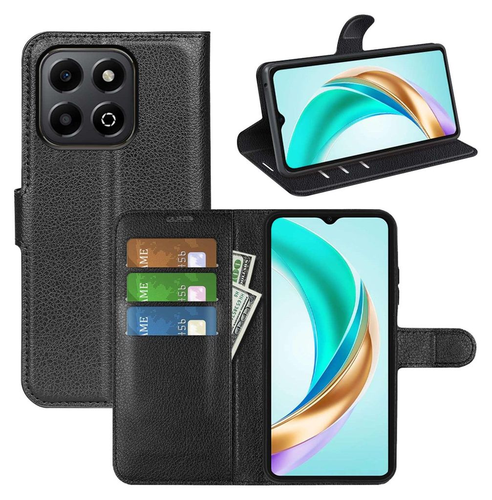 A collage of images showing a black wallet-style phone case for a Honor X6A/X6B phone, with the phone inserted and displayed in different orientations.