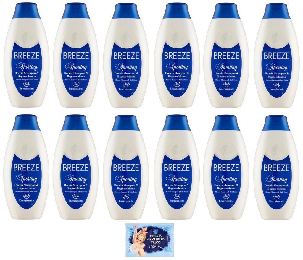 12 x BREEZE Sporting Shower Shampoo und Duschgel, reinigt effektiv Körper und Haar 400 ml + 1 Felce Azzurra 100g Talkum Tasche