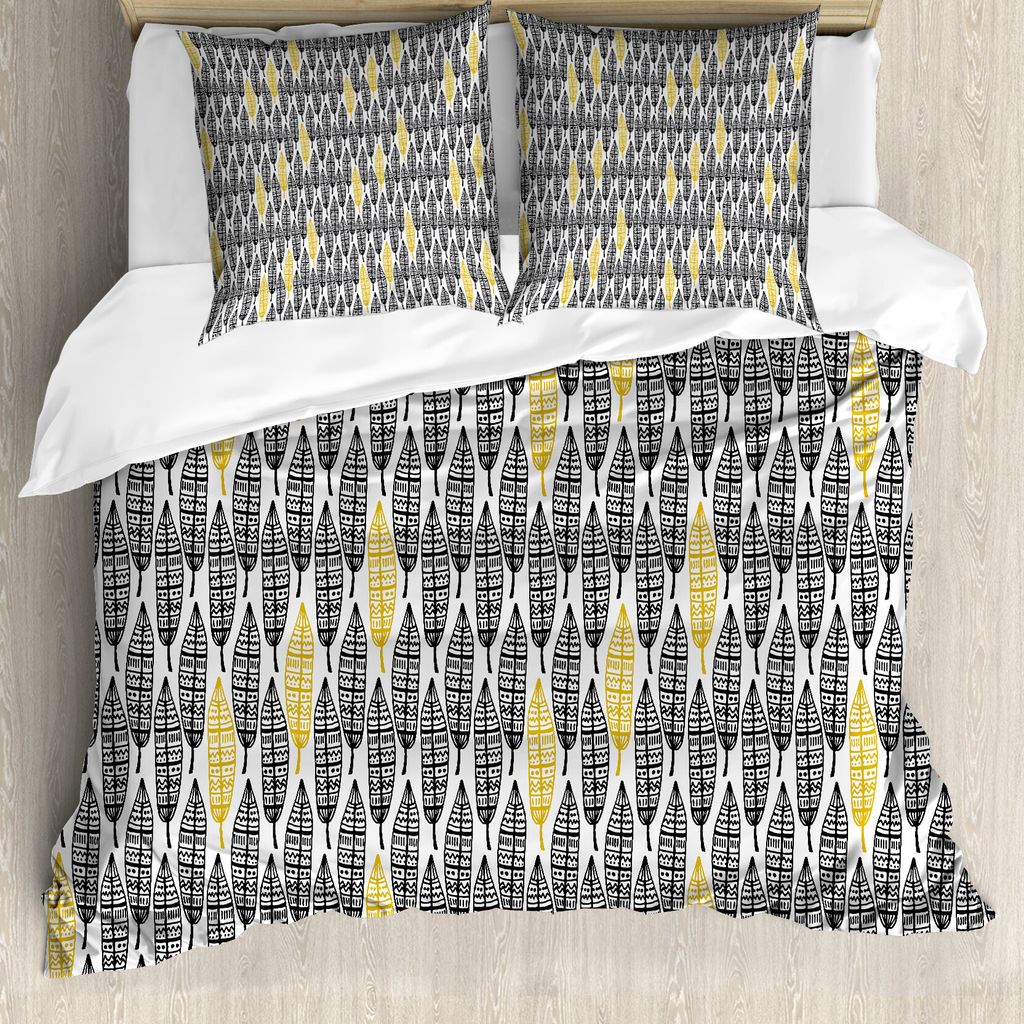 ABAKUHAUS Feder Bettbezug, Style Art Tribal, Milbensicher Allergiker geeignet mit Kissenbezügen, 155 cm x 220 cm - 80 x 80 cm, Schwarz-weißer Senf