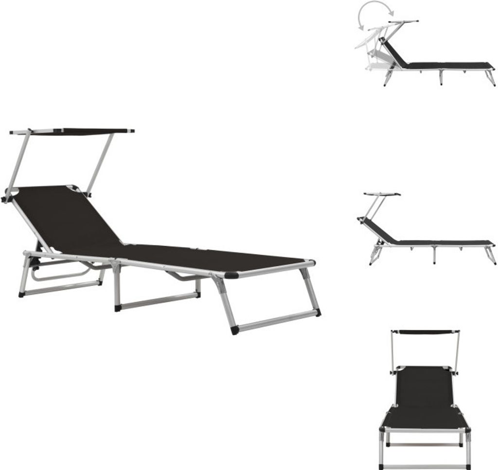 vidaXL Klappliege mit Sonnenschutz Aluminium und Textiline Schwarz - Sonnenliegen