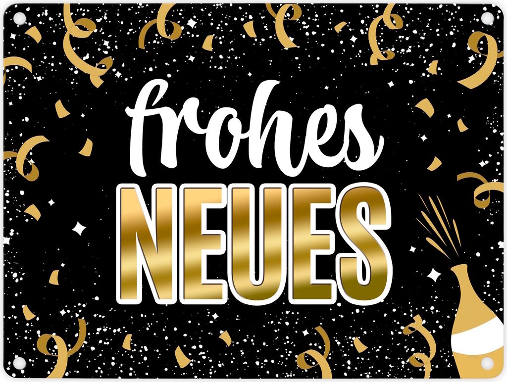 Frohes Neues Metallschild mit Konfetti und Sekt Motiv Silvester Rakete Böller
