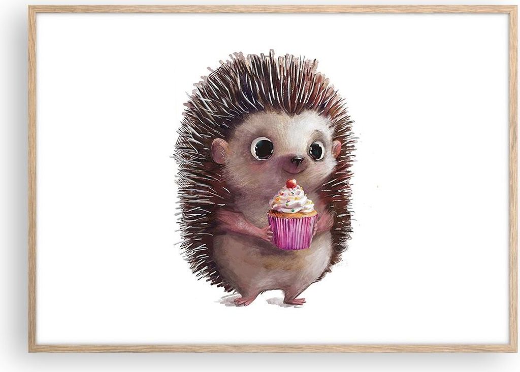 Gerahmtes Poster - Rahmen in heller Eiche - Igel Cupcake Kinder - 100x70 cm - Wand Bild - Wanddeko - Wandbilder - Kunstposter - Wandposter - Bilder...