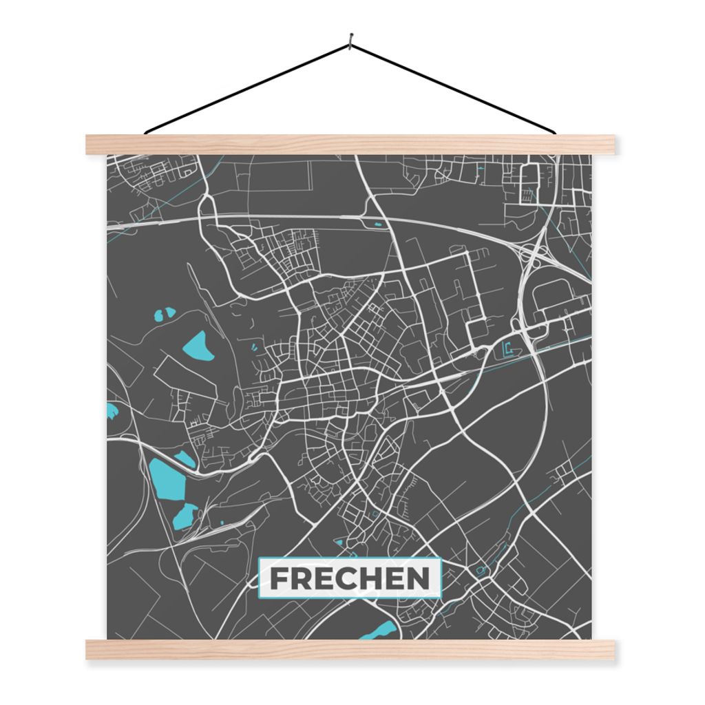 MuchoWow Textilposter Frechen - Stadtplan - Blau - Karte - Deutschland 120x120 cm mit holzfarbenen Rahmen - Textil-Poster