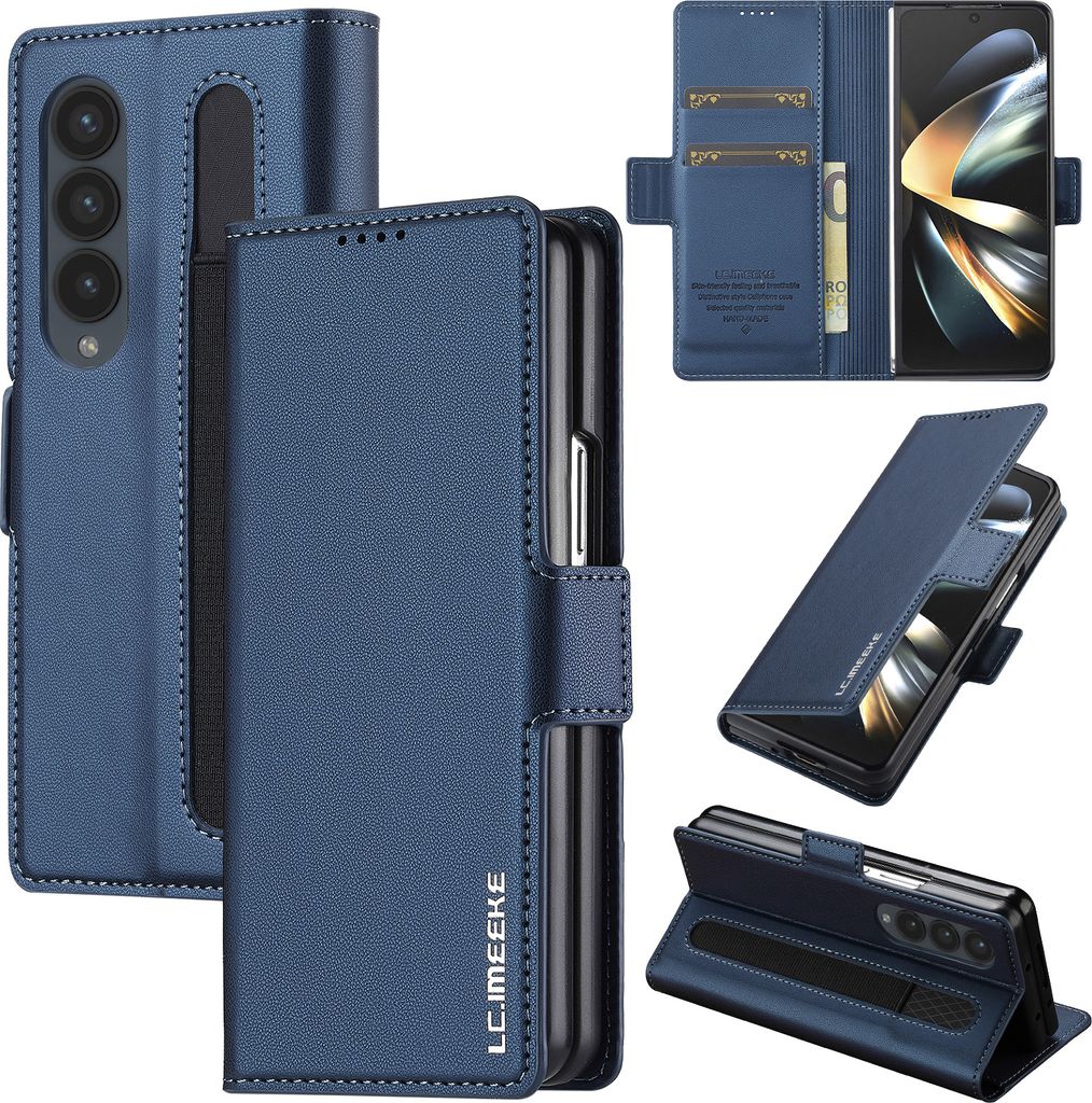 Handyhülle für Samsung Galaxy Z Fold3 5G, Magnetische Flip Leder Hülle mit Kartenfach und Standfunktion Blau